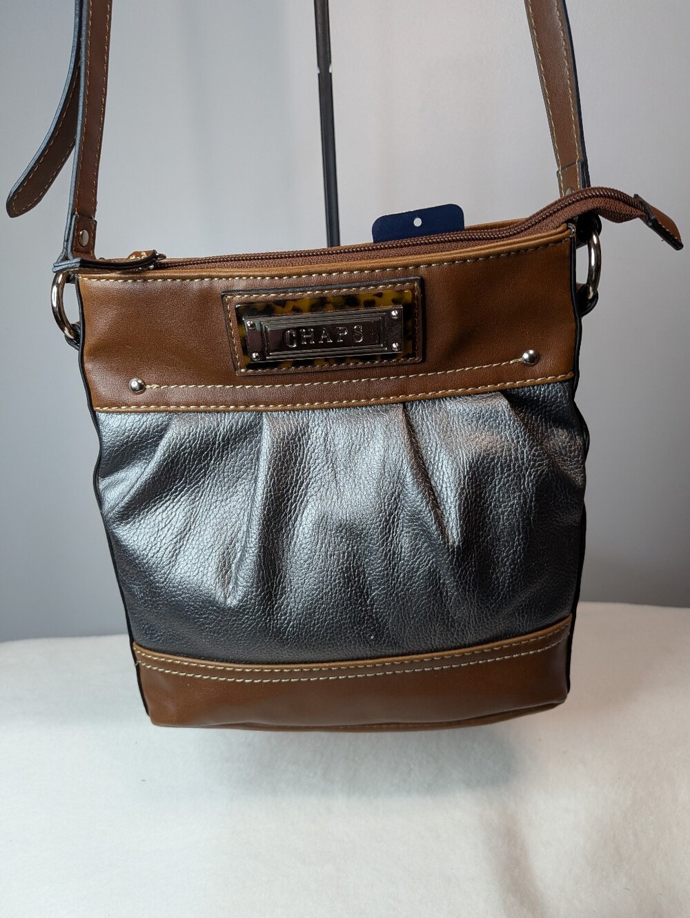 NWT Chaps Metallic Gunmetal & Brown Crossbody Bag